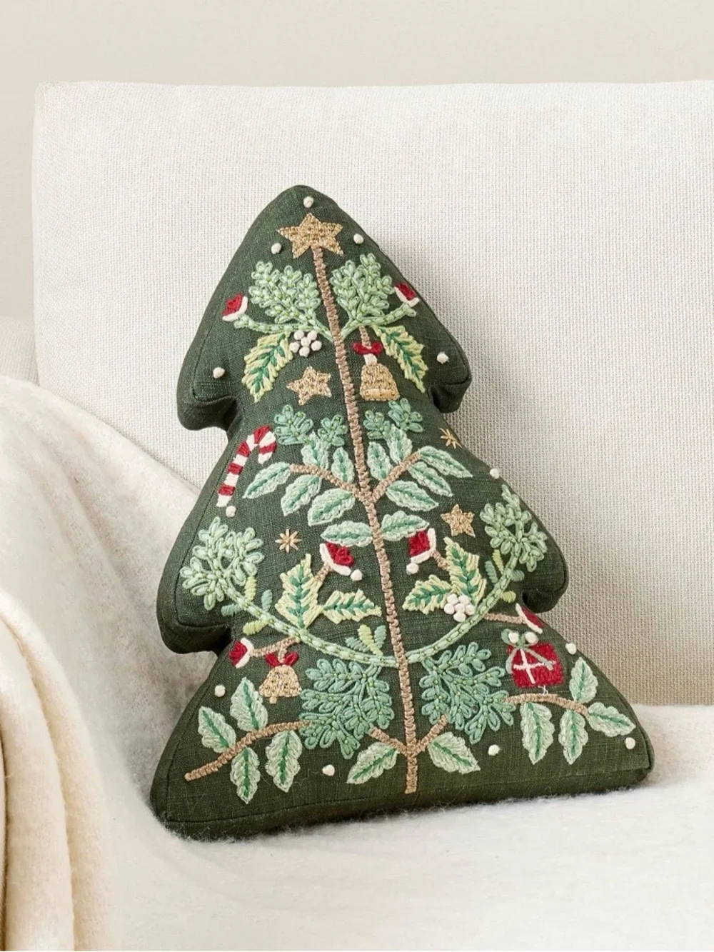 Pottery Barn Nostalgic Embroidered Christmas Tree Shaped Decorative Pillow NIB